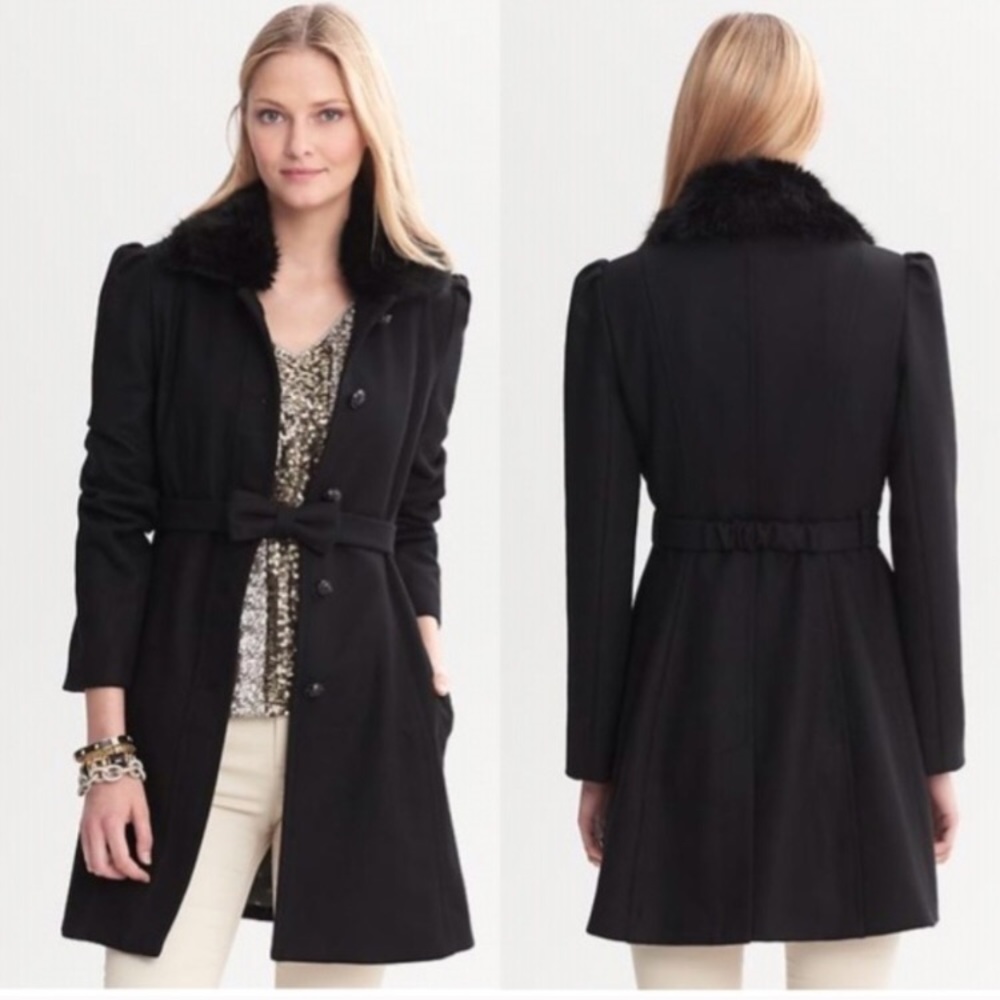 Banana Republic Black Wool Coat with Bow Belt